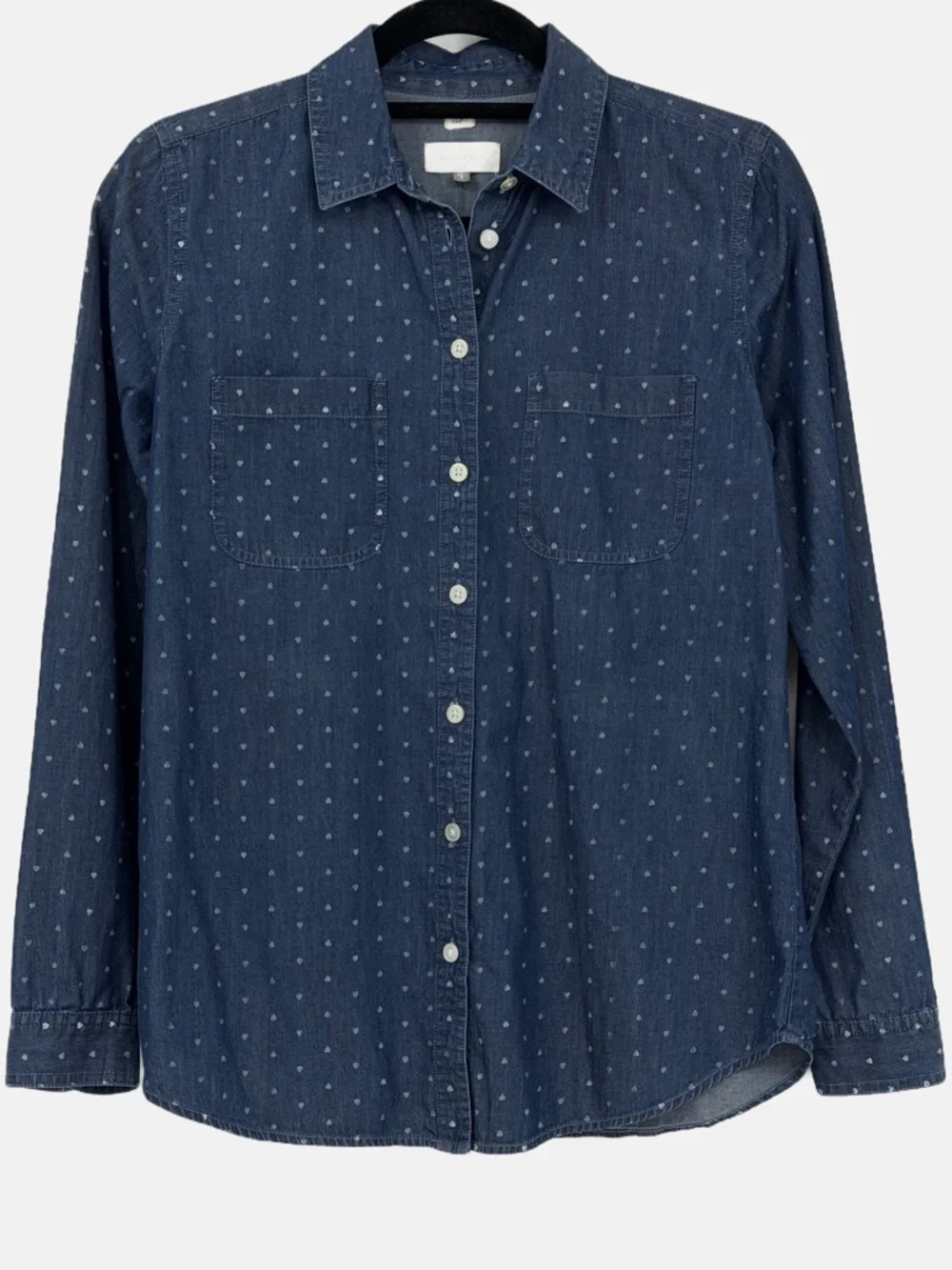 LOFT Softened Chambray Heart Print Button Down Shirt Size Small 100% Cotton - Picture 2 of 12